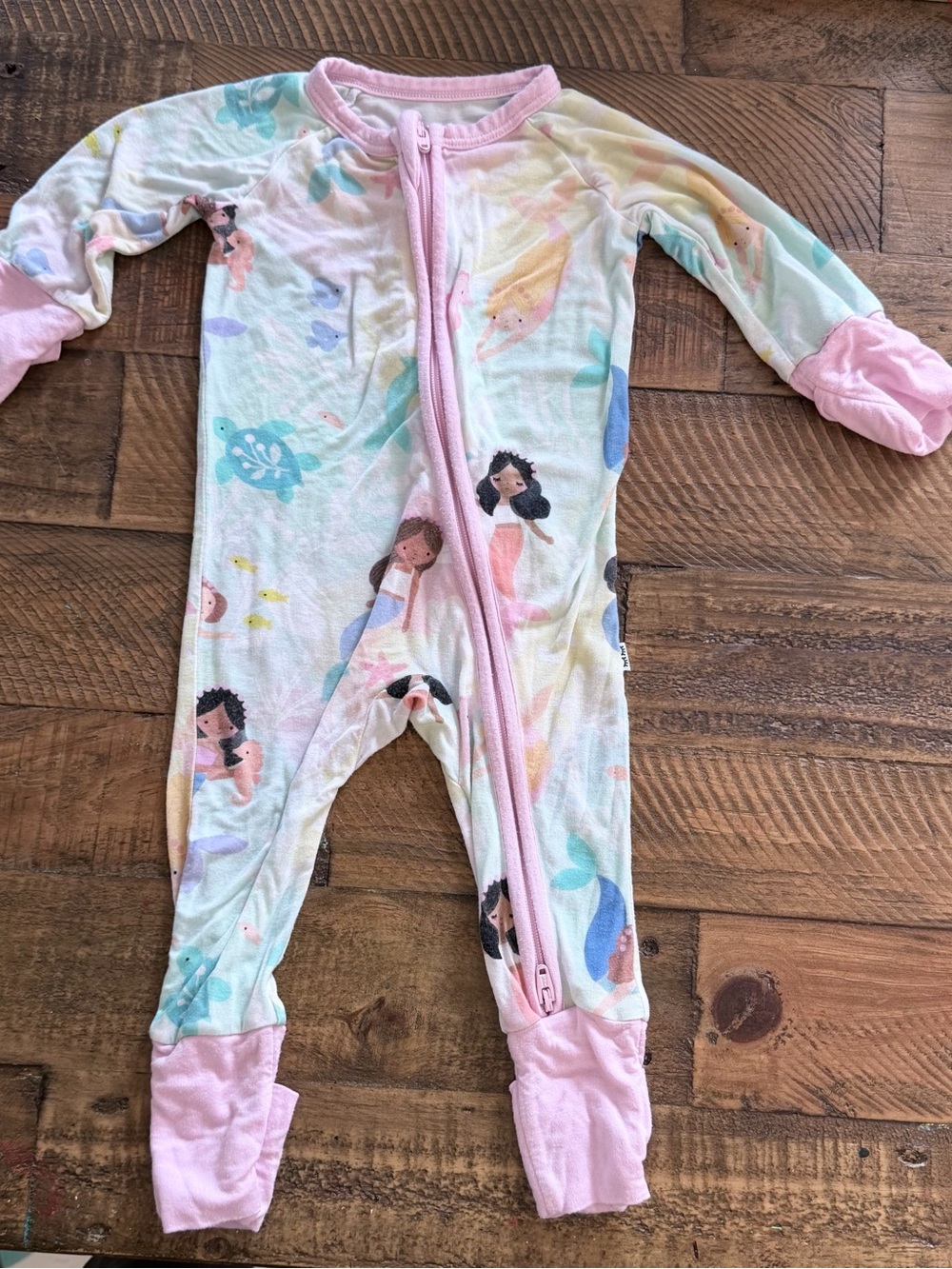 Little Sleepies Pastel Mermaid Print Footed Pajamas - Pink Trim